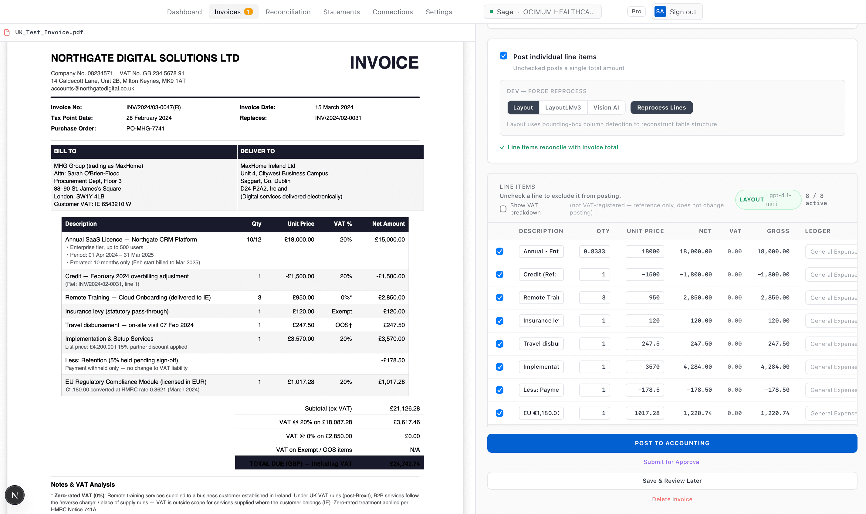 The LinesFlow review workspace: an invoice shown alongside its extracted supplier, date, totals and line items, before anything is posted